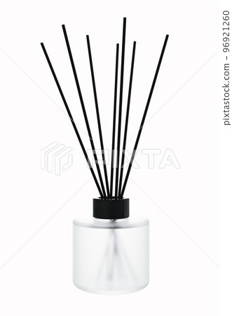 Aroma diffuser frosted glass bottle with black cap and sticks 3D render 96921260
