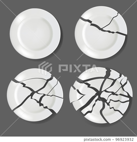 Realistic Detailed 3d Whole and Broken White Ceramic Plate Set Top View on a Grey. Vector illustration 96923932