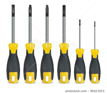 Realistic Detailed 3d Screwdriver with Rubber Handles Set Isolated on a White Background. Vector illustration of Different Sizes Screwdrivers 96923953