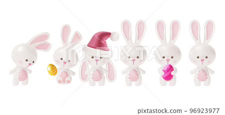 3d Different Easter Rabbit with Painted Egg Set Plasticine Cartoon Style. Vector illustration of Cute Bunny 96923977