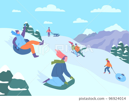 Cartoon Color Characters People Riding Sledding Slide in Mountain Resort Winter Holidays Concept Flat Design Style. Vector illustration Cartoon Color Characters People Riding Sledding Slide in Mountain Resort Winter Holidays Concept Flat Design Style. Vector illustration 96924014