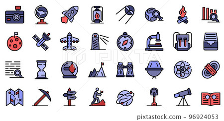 Exploration icons set. Outline set of exploration vector icons thin line color flat on white Exploration icons set. Outline set of exploration vector icons thin line color flat on white 96924053