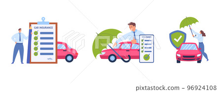 Cartoon Color Characters People and Auto Insurance Service Concept Flat Design Style. Vector illustration of Care and Protection Automobile 96924108