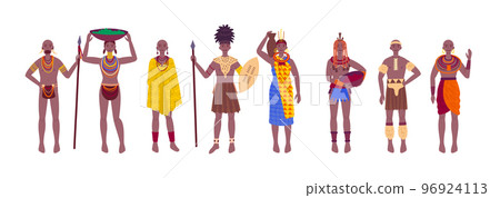 Cartoon Color Characters African Tribe People Set Traditional Tribal Culture Concept Flat Design Style. Vector illustration Cartoon Color Characters African Tribe People Set Traditional Tribal Culture Concept Flat Design Style. Vector illustration 96924113