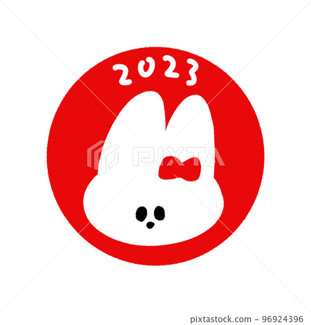手繪的 2023 年角色和圓圈中的兔子臉的插圖-兔年/2023/令和 5 年的新年賀卡材料- 96924396