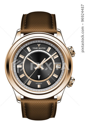 Realistic watch clock gold black face grey arrow with fabric strap on white design classic luxury for men vector Realistic watch clock gold black face grey arrow with fabric strap on white design classic luxury for men vector 96924487
