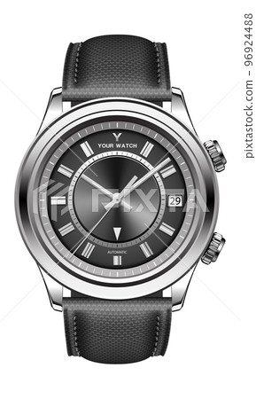 Realistic watch clock silver black face grey arrow with fabric strap on white design classic luxury for men vecto Realistic watch clock silver black face grey arrow with fabric strap on white design classic luxury for men vecto 96924488