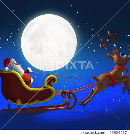 Santa claus sled with rudolph red nose reindeer flying on the moon background, 3d cartoon generative AI 96924987