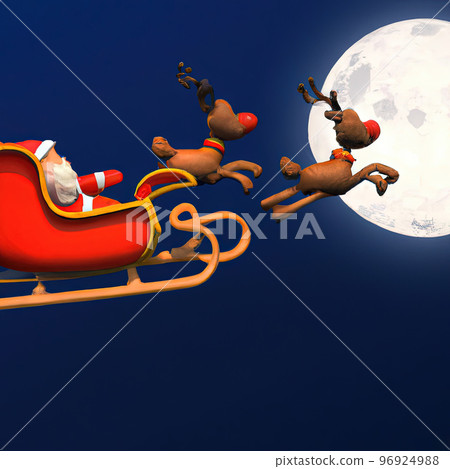 Santa claus sled with rudolph red nose reindeer flying on the moon background, 3d cartoon generative AI Santa claus sled with rudolph red nose reindeer flying on the moon background, 3d cartoon generative AI 96924988