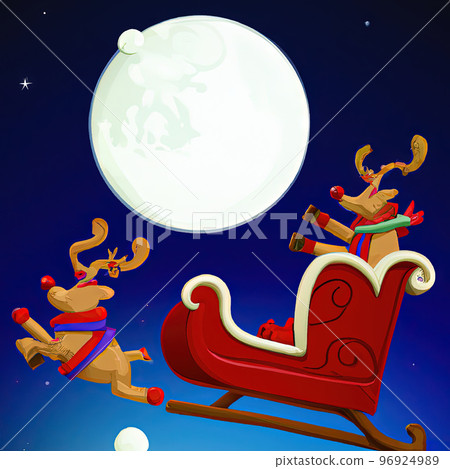 Santa claus sled with rudolph red nose reindeer flying on the moon background, 3d cartoon generative AI 96924989