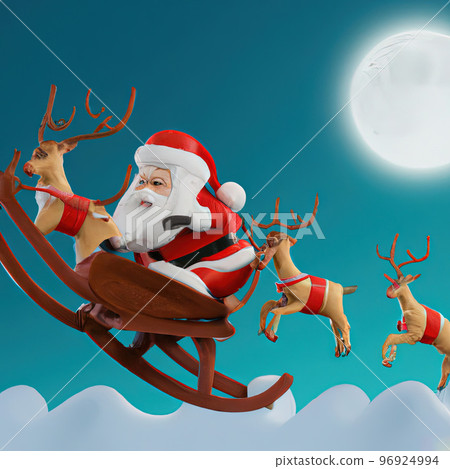 Santa claus sled with rudolph red nose reindeer flying on the moon background, 3d cartoon generative AI 96924994