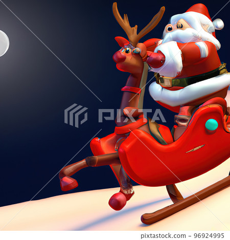 Santa claus sled with rudolph red nose reindeer flying on the moon background, 3d cartoon generative AI 96924995