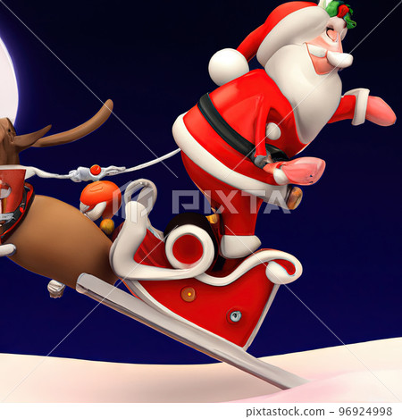 Santa claus sled with rudolph red nose reindeer flying on the moon background, 3d cartoon generative AI Santa claus sled with rudolph red nose reindeer flying on the moon background, 3d cartoon generative AI 96924998