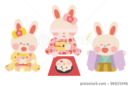 A rabbit wearing a kimono doing a fukuwarai A rabbit wearing a kimono doing a fukuwarai 96925046