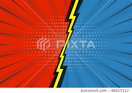 Comic book versus background. Cartoon lightning versus in retro pop art style. Blank template design. Vector illustration Comic book versus background. Cartoon lightning versus in retro pop art style. Blank template design. Vector illustration 96925112