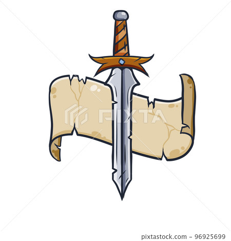 Sword and ribbon. Medieval knight drawing. Cartoon illustration Sword and ribbon. Medieval knight drawing. Cartoon illustration 96925699