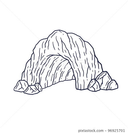 Entrance to cave. Stone mountain with underground dungeon. Hand drawn cartoon illustration. Entrance to cave. Stone mountain with underground dungeon. Hand drawn cartoon illustration. 96925701