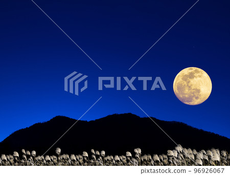 Autumn moon viewing image. Full moon, pampas grass and mountain ridgeline. 96926067
