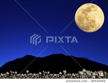 Autumn moon viewing image. Full moon, pampas grass and mountain ridgeline. 96926068