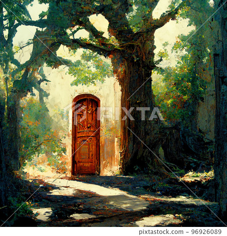 Brown doorway is on a trail in the magic forest. 96926089