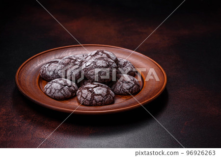 Beautiful tasty sweet cookie brownies on a brown plate 96926263