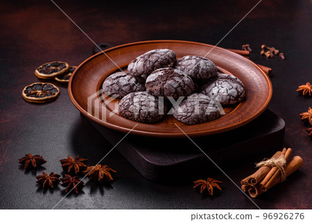Beautiful tasty sweet cookie brownies on a brown plate 96926276