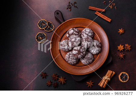 Beautiful tasty sweet cookie brownies on a brown plate 96926277