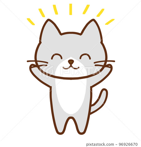 Cute gray Hachiware cat with a smile and raising both hands 96926670