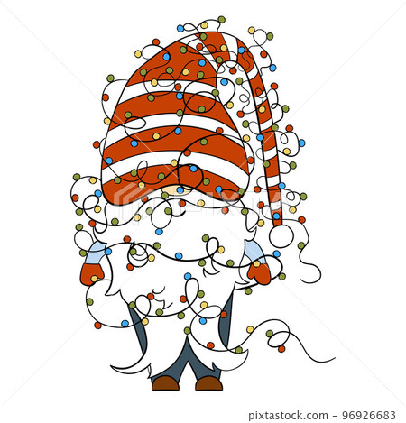 Cartoon Christmas gnome with Christmas lights. Vector illustration 96926683