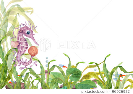 Watercolor illustration of a set of marine fauna isolated on white background. Seahorse, seafish, stone, corals, seaweed, plants, water, sea, ocean. Print, design, poster, fabric, decoration, pattern 96926922