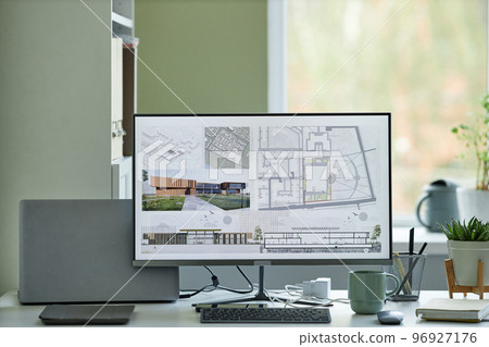 Computer with 3D blueprints on screen 96927176