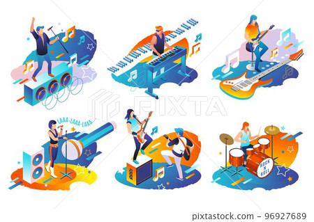 Rock Musicians and Singers of rock band, musical instruments, audio blog concept, isometric vector illustrations on isolated background 96927689