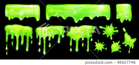 Slime vector frame set, dripping green Halloween splat, 3D jelly liquid toxic cartoon mucus kit. Slime vector frame set, dripping green Halloween splat, 3D jelly liquid toxic cartoon mucus kit. 96927746