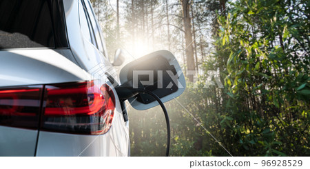Close up of electric car inlet with a connected charging cable Close up of electric car inlet with a connected charging cable 96928529