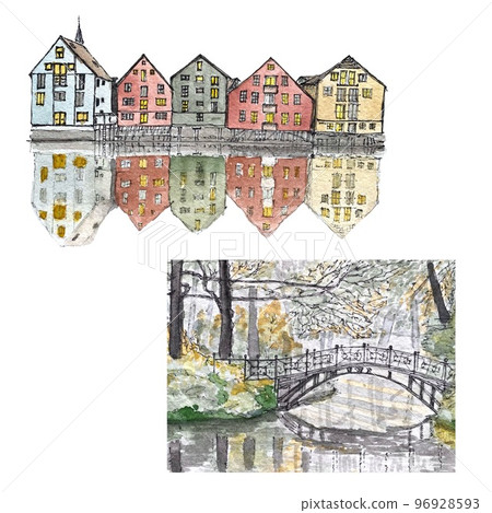 Street house view forest bridge hand drawn Street house view forest bridge hand drawn 96928593