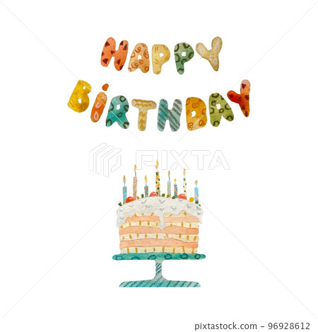 Cake candle happy birthday title watercolor sketch 96928612