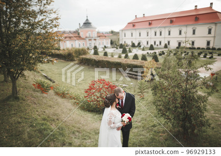 Beautiful fairytale newlywed couple hugging near old medieval castle 96929133