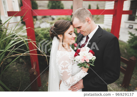 Beautiful fairytale newlywed couple hugging near old medieval castle Beautiful fairytale newlywed couple hugging near old medieval castle 96929137