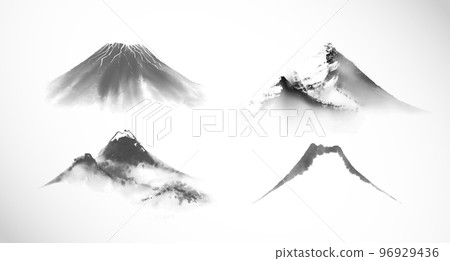Set of mountains hand drawn with ink in traditional Japanese ink wash painting sumi-e 96929436
