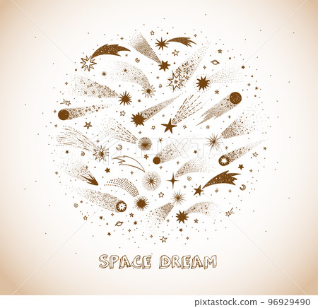 Doodle space and shooting stars in vintage style. Vector sketch illustration. 96929490