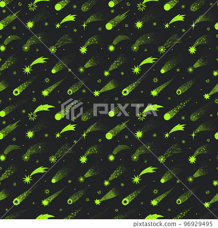 Cartoon sky background with neon green shooting stars on black. Seamless space pattern with comets. Can be used for wallpaper, pattern fills, textile, web page background, surface textures. 96929495