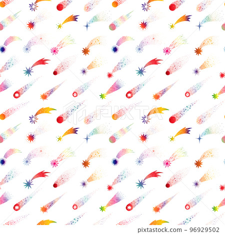 Cartoon sky background with bright shooting stars on white. Seamless space pattern with comets. Can be used for wallpaper, pattern fills, textile, web page background, surface textures. 96929502