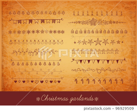 Collection of doodle christmas doodles of christmas garlands on vintage background. Hand-drawn vector illustration with holiday decor. 96929509