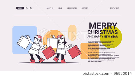 elves with purchases preparing for new year and christmas holidays celebration santa helpers holding shopping boxes elves with purchases preparing for new year and christmas holidays celebration santa helpers holding shopping boxes 96930014