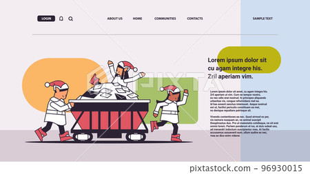 elves preparing for new year and christmas holidays celebration mix race santa helpers pushing minecart elves preparing for new year and christmas holidays celebration mix race santa helpers pushing minecart 96930015