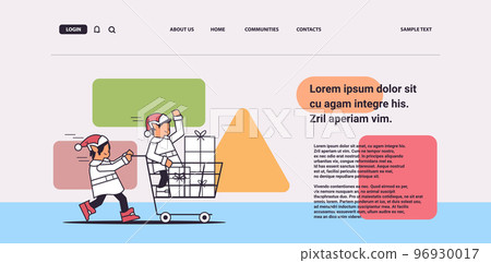 elves preparing for new year and christmas holidays celebration santa helpers pushing trolley cart with gifts elves preparing for new year and christmas holidays celebration santa helpers pushing trolley cart with gifts 96930017