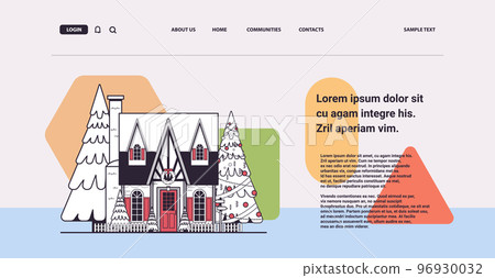 snow covered decorated house winter season home building with decorations for new year and christmas celebration snow covered decorated house winter season home building with decorations for new year and christmas celebration 96930032