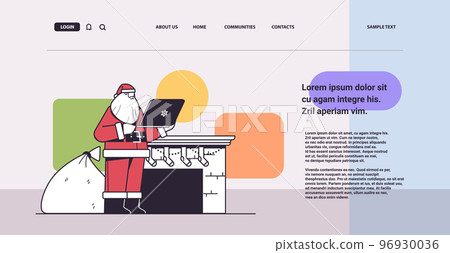 santa claus with gift box sack using laptop happy new year merry christmas holiday celebration concept 96930036