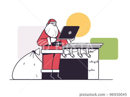 santa claus with gift box sack using laptop happy new year merry christmas holiday celebration concept 96930045
