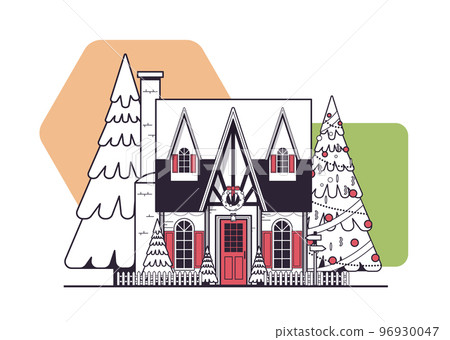 snow covered decorated house winter season home building with decorations for new year and christmas celebration 96930047